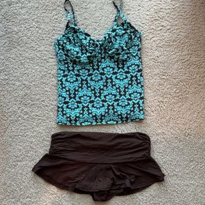 Lands' End Tankini Swim Top and Swim Skirt Set (Turquoise and Brown Damask)